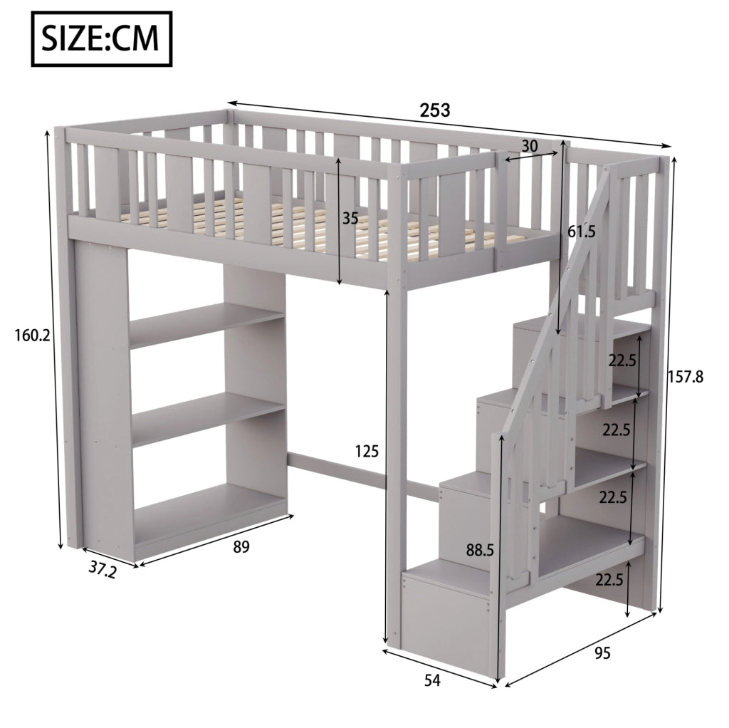 Letto a soppalco 90x200 cm con scala contenitore e 3 vani portaoggetti