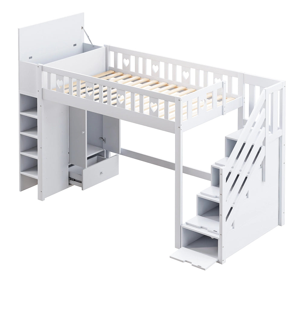 Letto a soppalco 90x200 cm con scala contenitore e vani portaoggetti, bianco