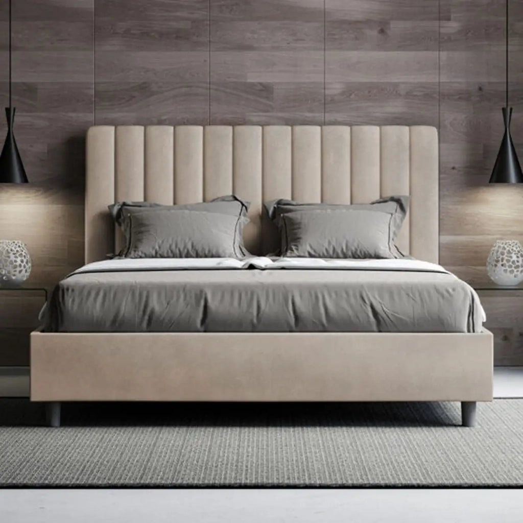 Letto matrimoniale contenitore imbottito 160x210 microfibra sabbia Agueda