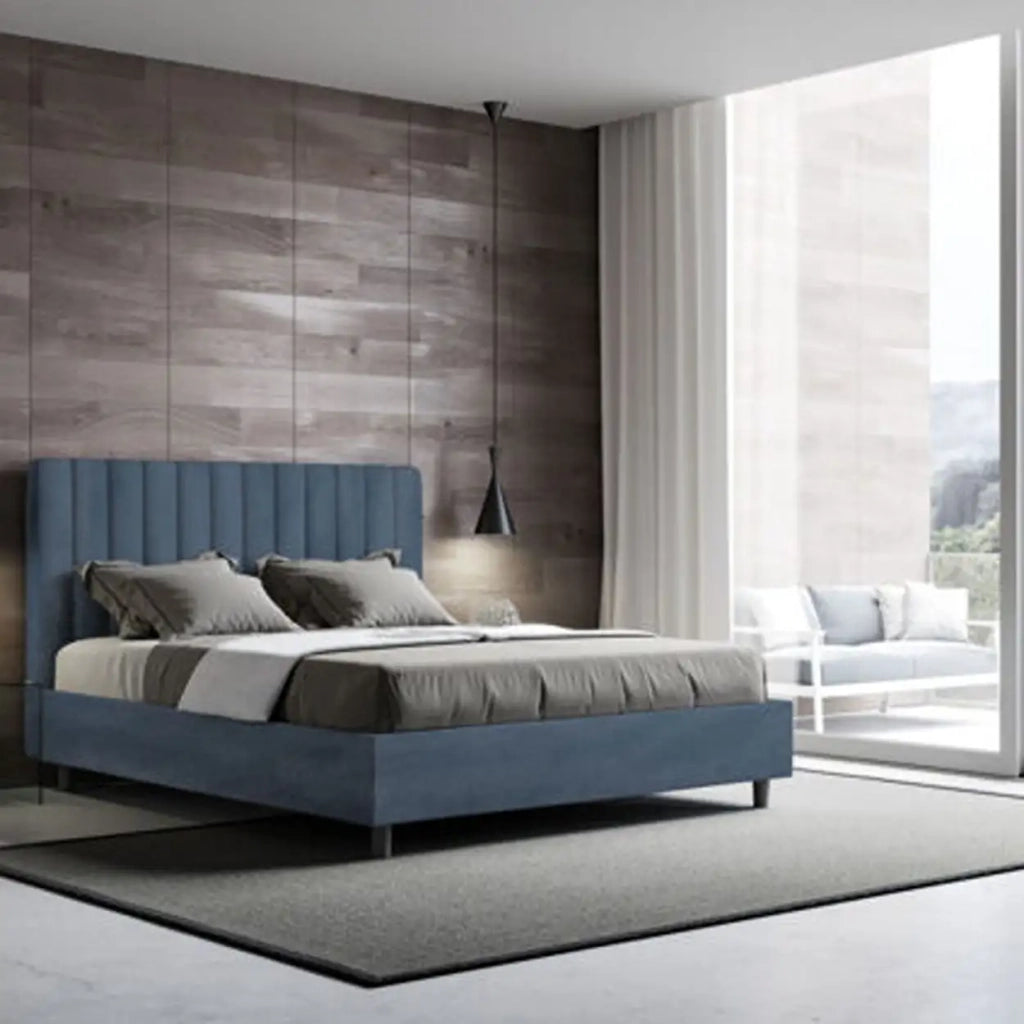 Letto matrimoniale con rete imbottito 160x190 microfibra blu Agueda