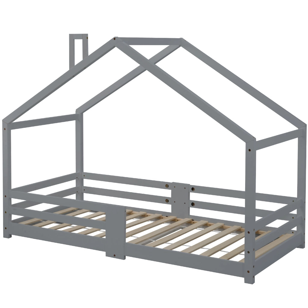Letto a casetta per bambini con camino, protezione anticaduta, robusta base a doghe, legno di pino, letto a casetta per bambini, 90 x 200 cm senza mat