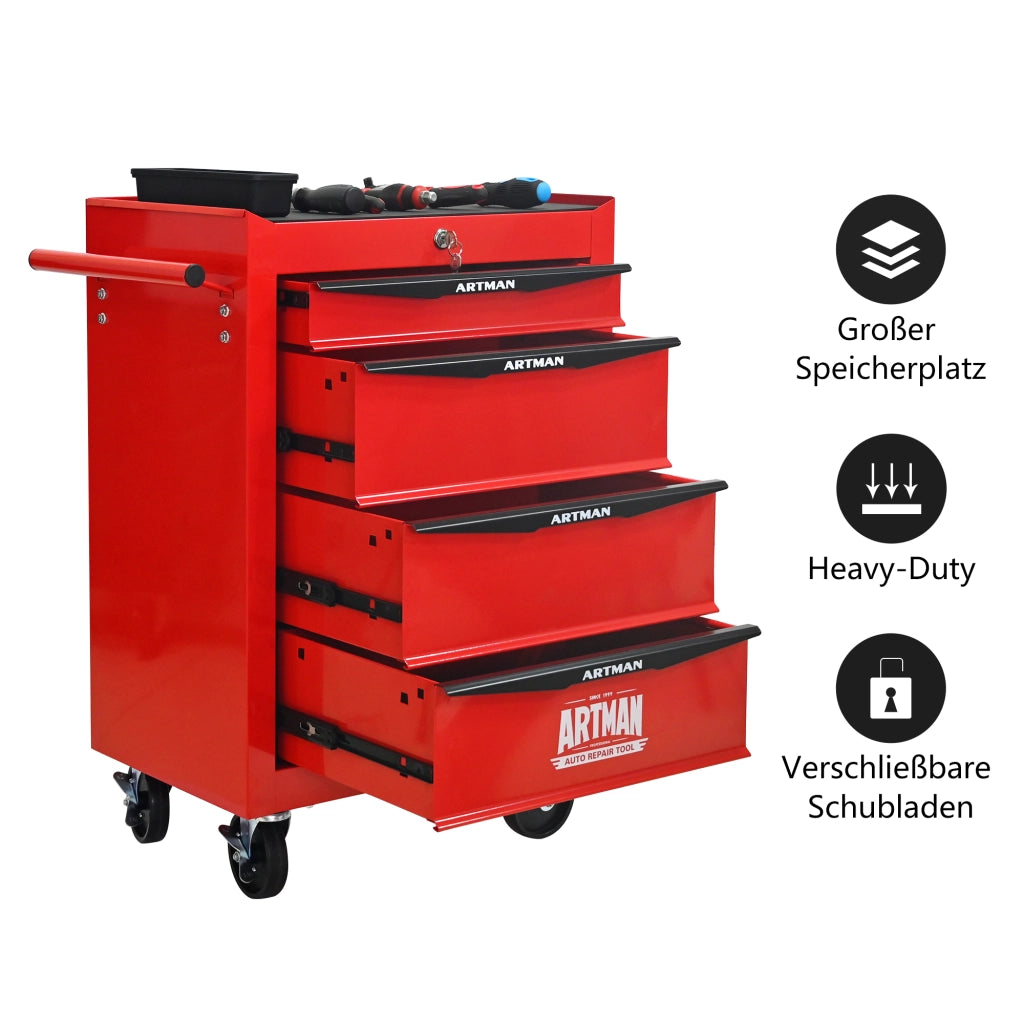 Mobile contenitore con 4 cassetti e ruote - per garage - in acciaio - rosso nero