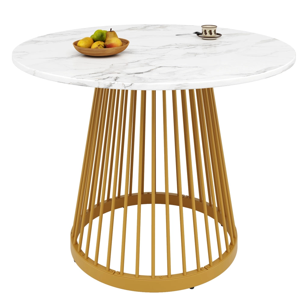 Tavolo da pranzo rotondo con piano in MDF, struttura in metallo e piedini regolabili, bianco e oro, 80 × 80 × 76 cm