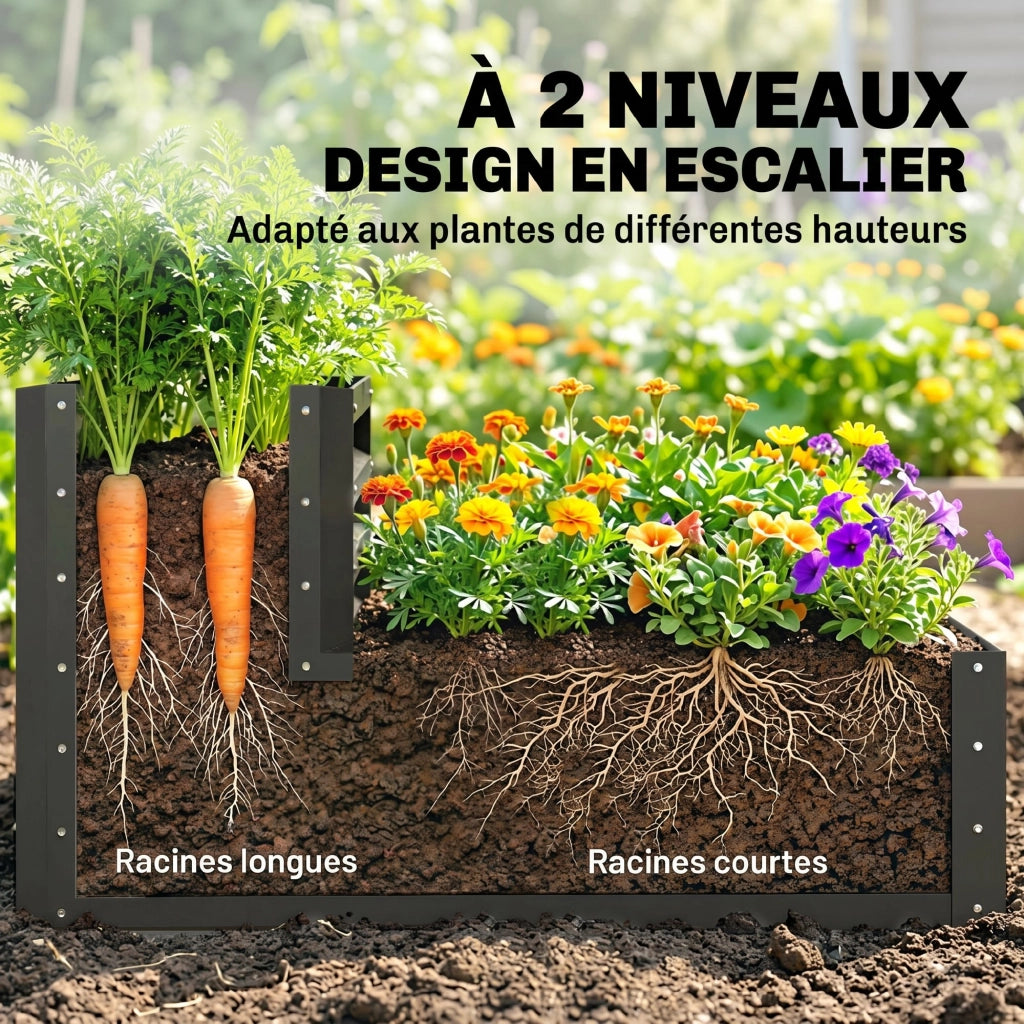 Fioriera rialzata da giardino 2 piani per erbe verdure fiori ¨C Xylo ¨C Grigio scuro 120x101x58 cm