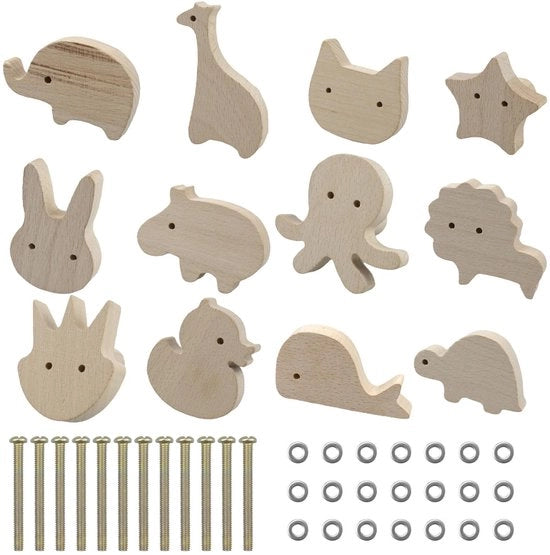 Knobbi in legno per porta 12 pezzi - Disegni animali - Decorazioni per camera da bambini - Decorazioni per mobili - Progetti esclusivi