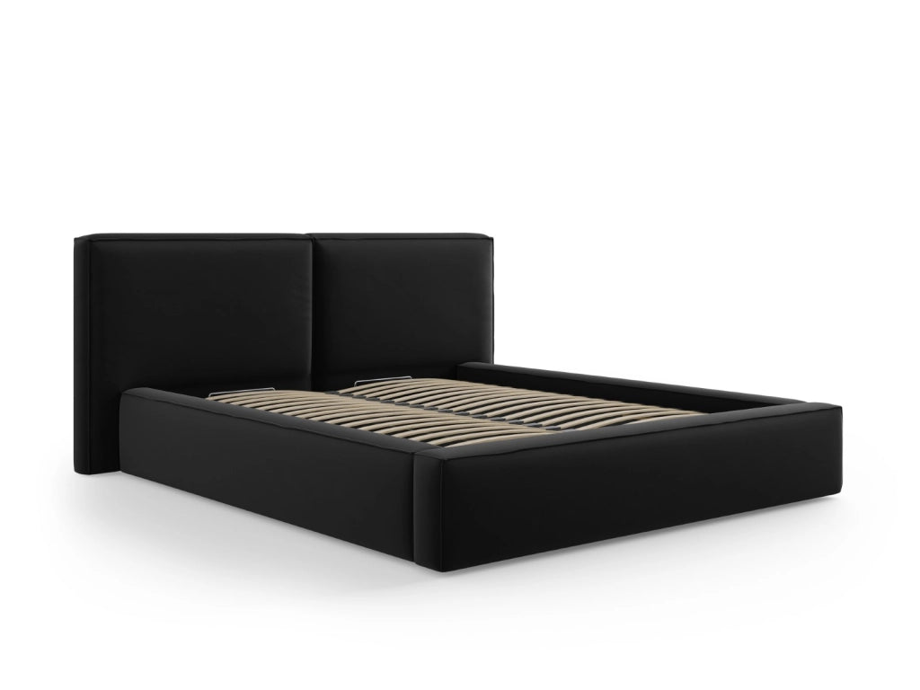 Cosmopolitan Design - Letto a cassettone con testiera doppia "Arendal" 160x200cm in velluto nero 