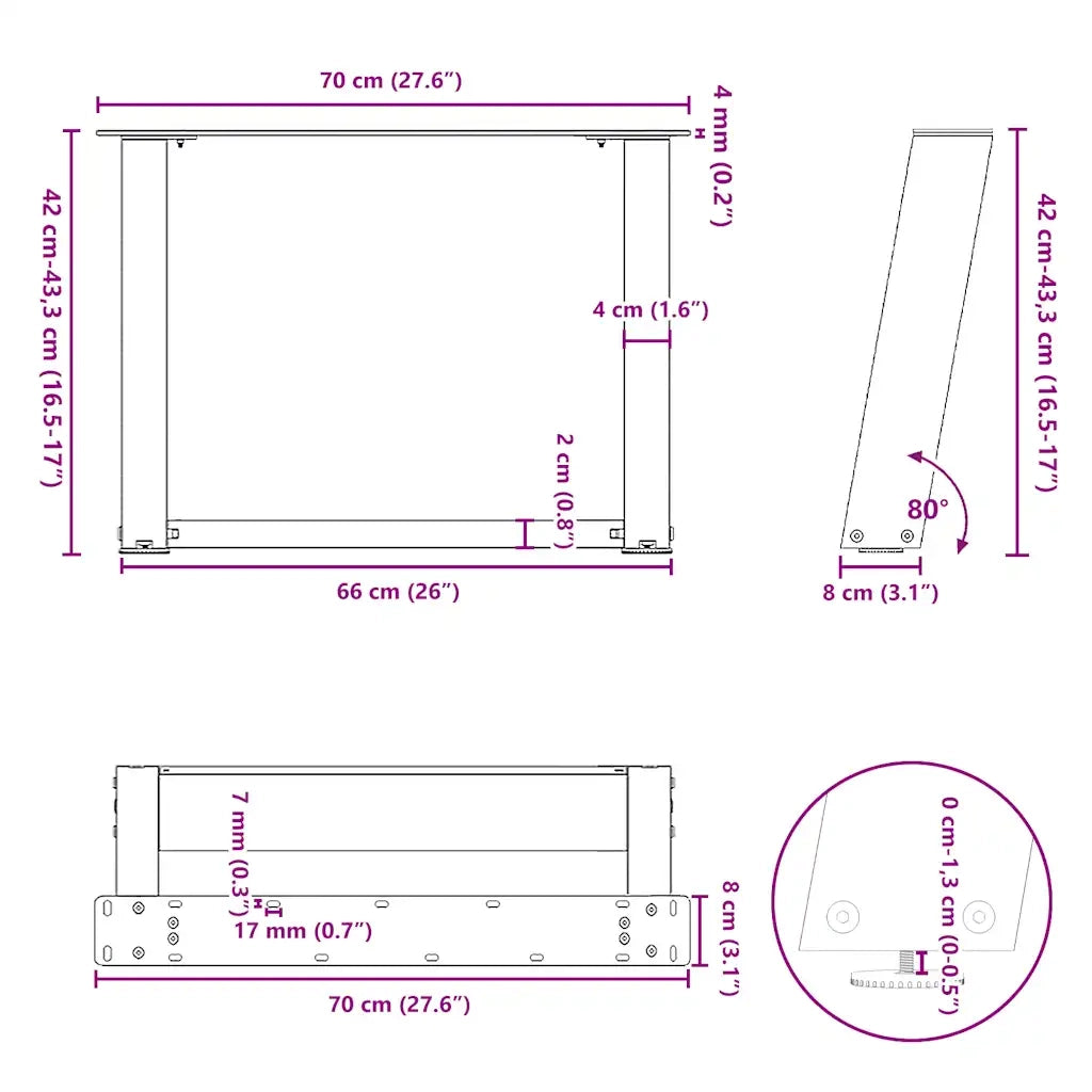 Gambe per Tavolino da Caff¨¨ a Forma di U 2 pz | Piede del tavolo Antracite 70x(42-43) cm Acciaio