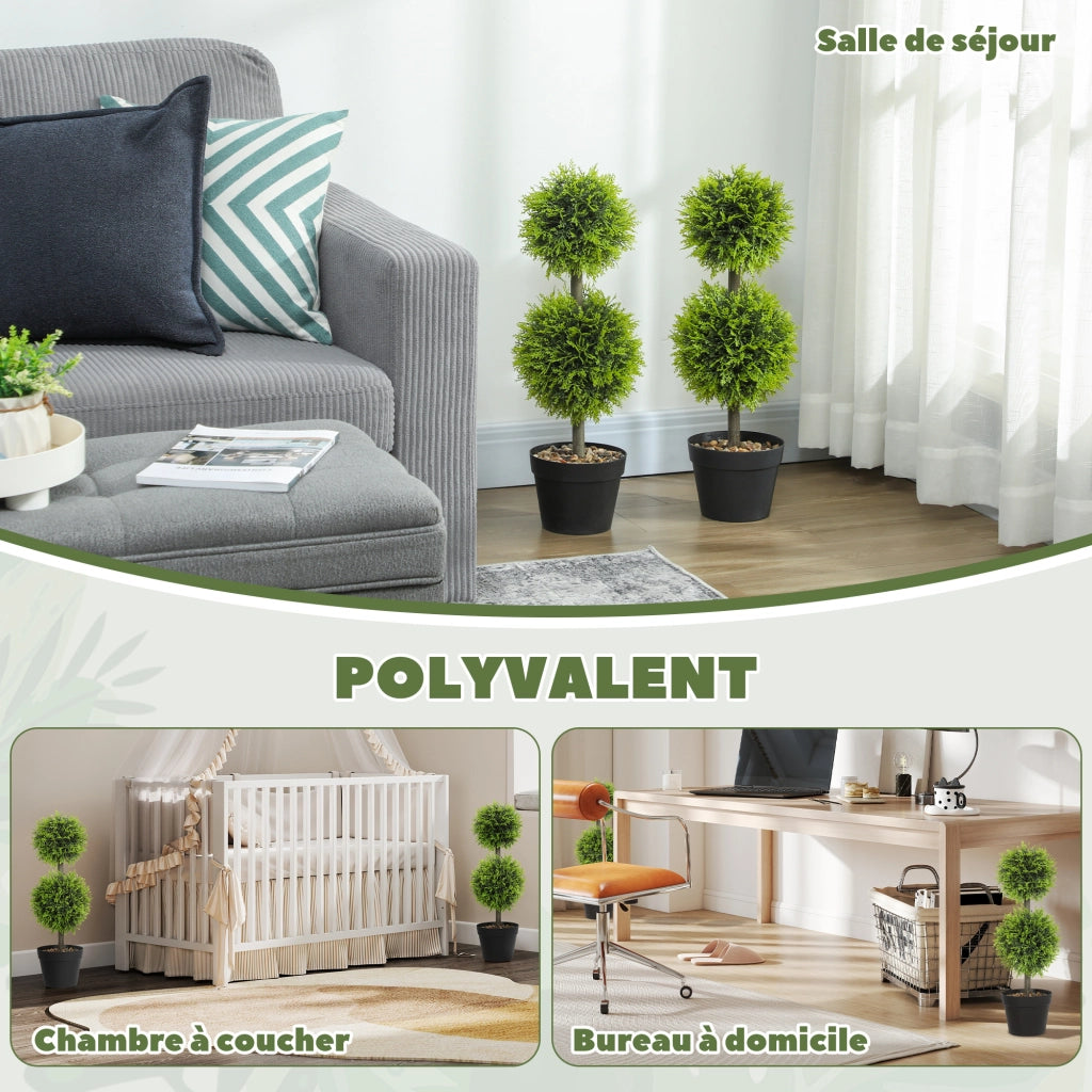 Piante Artificiali Decorative Bosso - Xylo - Set 2 Pezzi 60cm con Vaso Verde