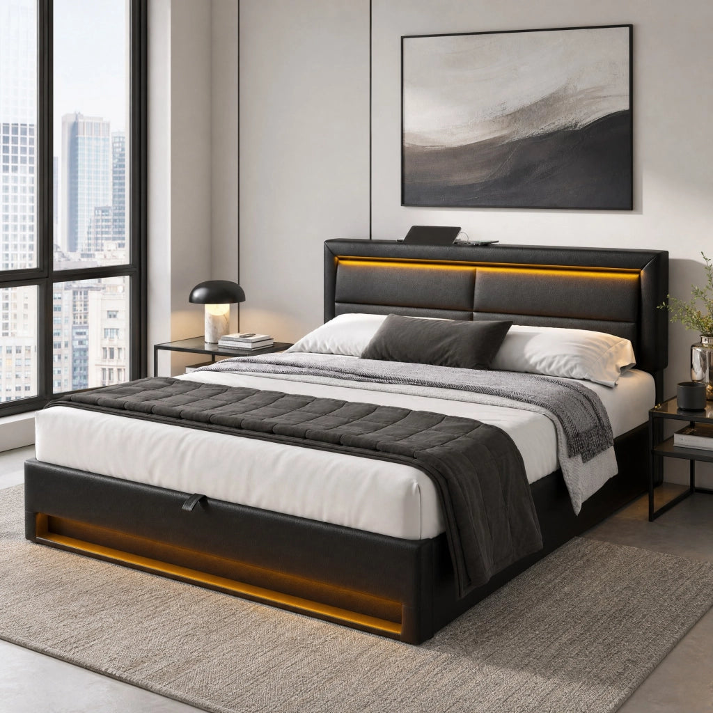 LETTO imbottito 140x190 cm PU nero con USB, LED e contenitore