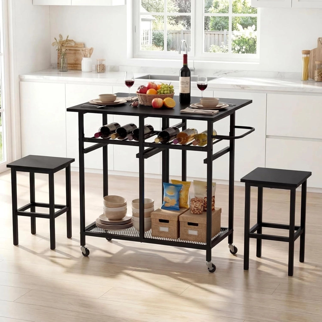 Set Tavolo da Pranzo Pieghevole 3 Pezzi, Tavolo Salvaspazio Estendibile con 2 Sgabelli con Ruote, Portabottiglie da 6 Posti, Ripiani e Maniglia Laterale per Cucina (Nero,Modello 2)