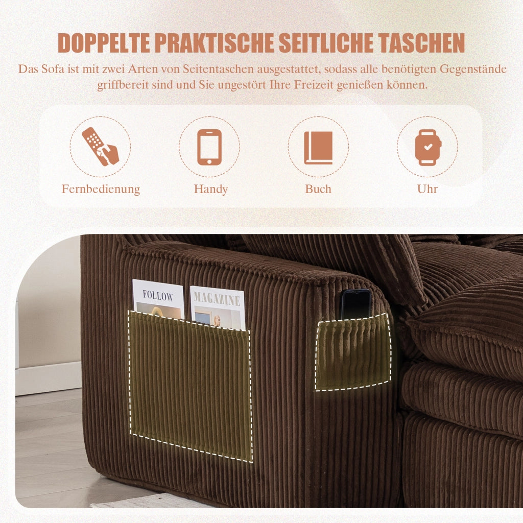 Divano modulare 3 posti con cuscini e tasche laterali in velluto a coste marrone
