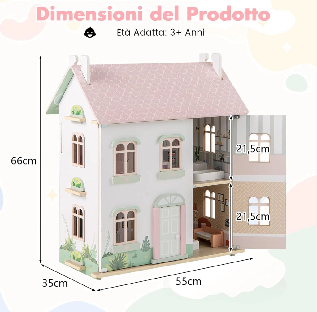 Casa delle Bambole in Legno, Casetta delle Bambole a 3 Piani con Tetti Rimovibili, Porte Apribili, Finestre Squisite 5 Stanze e 19 Accessori, Regalo per Bambini 3+ Anni