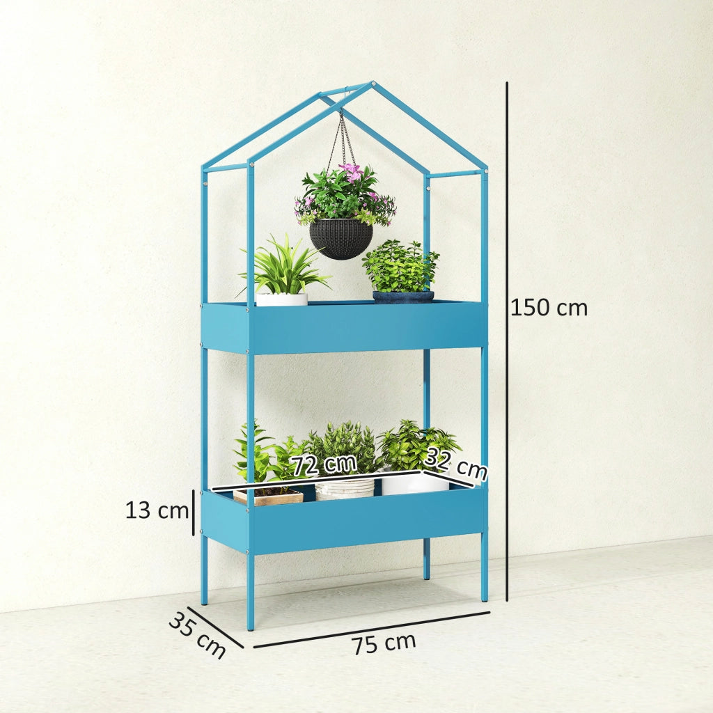 Scaffale Piante 2 Livelli ¨C Xylo ¨C Metallo Forma Casa Blu-Verde