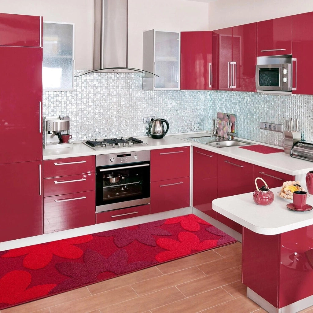 Tappeto Cucina 3D Fiore 50x90 cm Tridimensionale Morbido Moderno Passatoia Antiscivolo Bordeaux