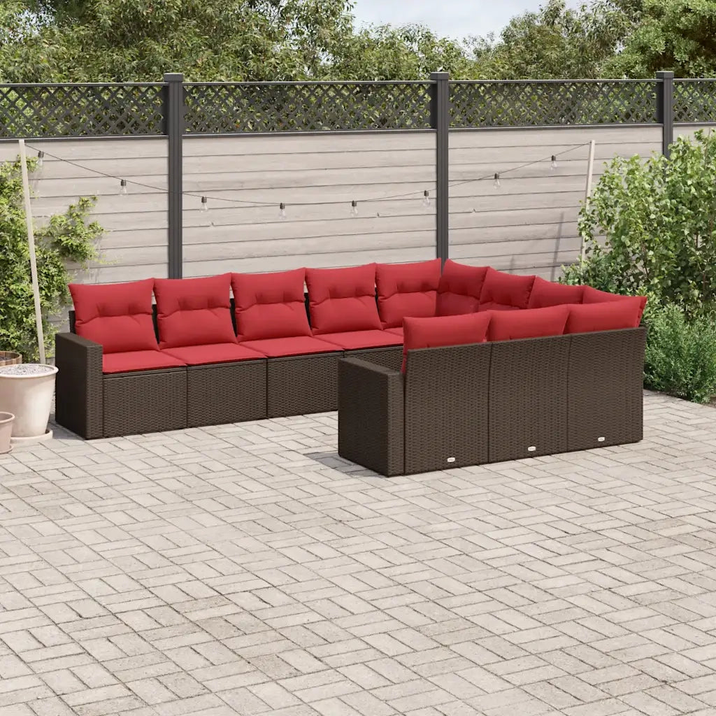 Set Divani da Giardino 10pz con Cuscini in Polyrattan Marrone