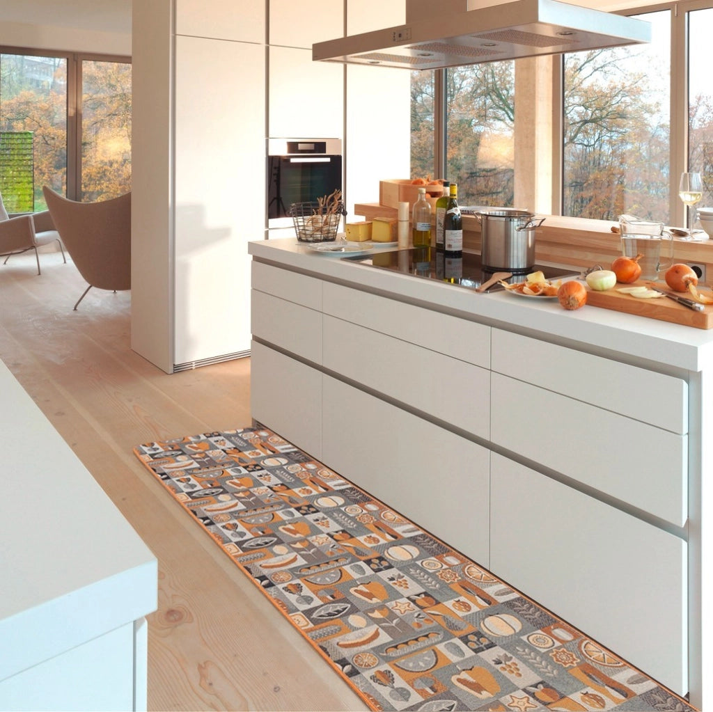 Tappeto Cucina Assorbente Bordato Antiscivolo Frutta e Verdura Passatoia Lavabile 52x80 Cm Arancione
