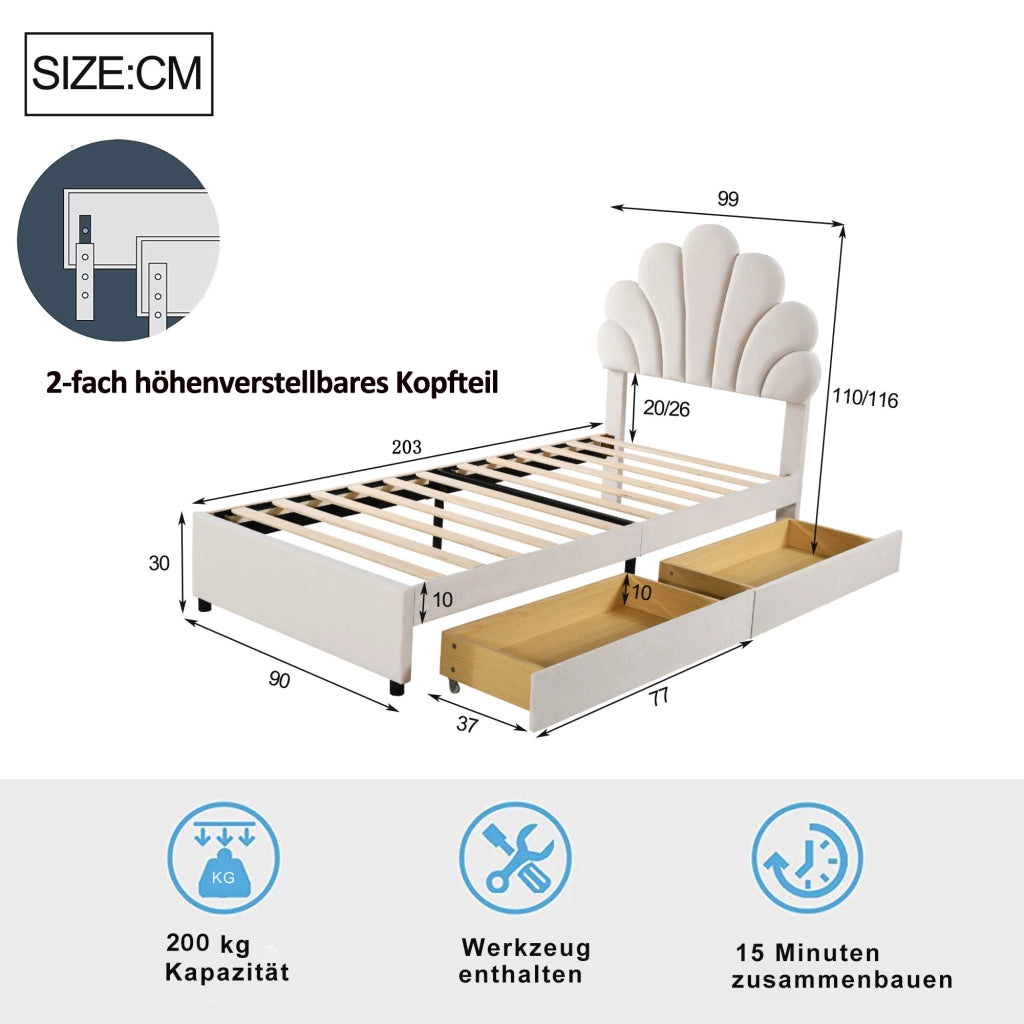 LETTO Imbottito 90x200 cm Beige con 2 cassetti