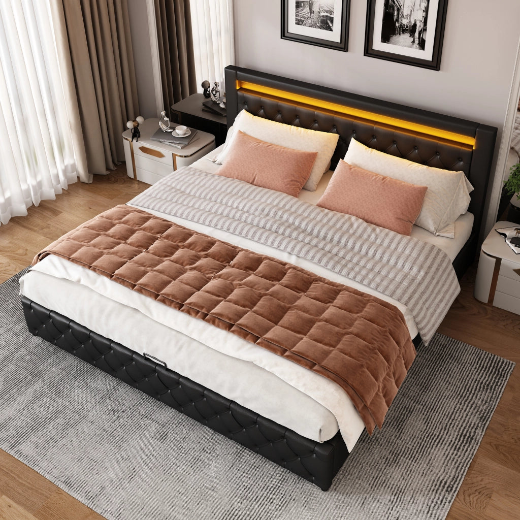 Letto imbottito 140x200 cm con contenitore e LED; in PU nero