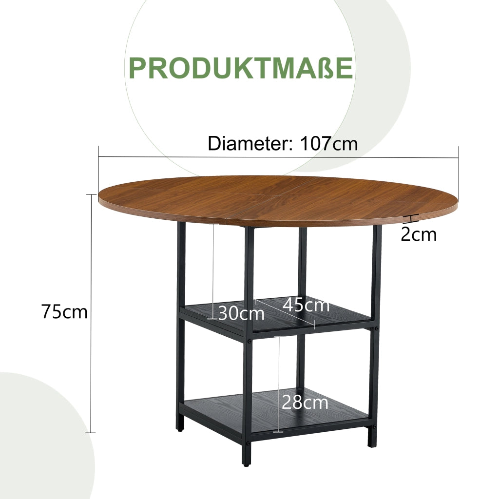 Tavolo da pranzo rotondo con diametro di 107 cm e doppio ripiano effetto noce, piano in MDF + struttura in metallo, adatto per 2-4 persone, perfetto p