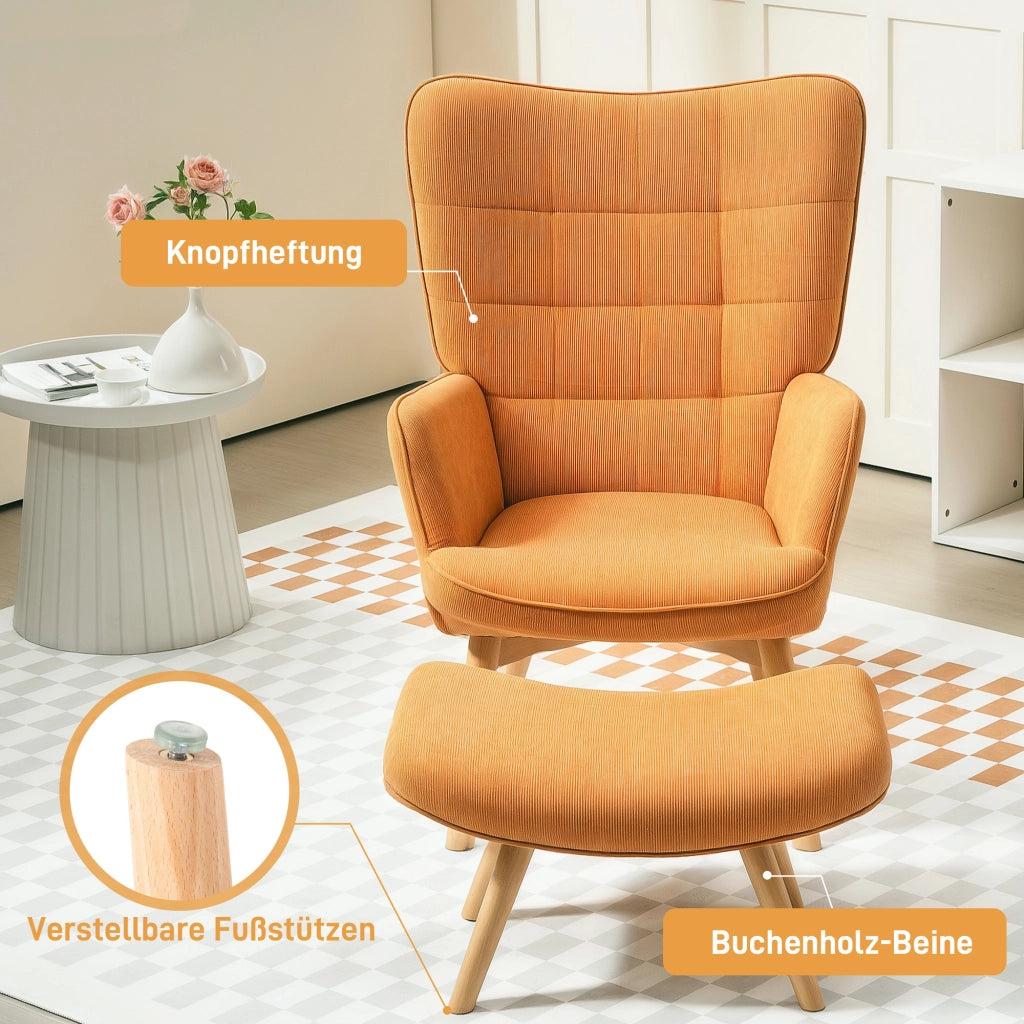 Poltrona con poggiapiedi, poltrona a orecchioni con schienale alto, gambe in legno, poltrona lounge con design capitonn¨¦, effetto velluto a coste,