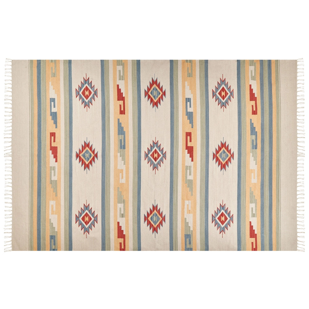 Tappeto Kilim Beige e Marrone Cotone 200 x 300 cm Tagliato a Navetta Tessuto a mano Pavimento Parete Tappeto Simboli geometrici Motivo reversibile Frange