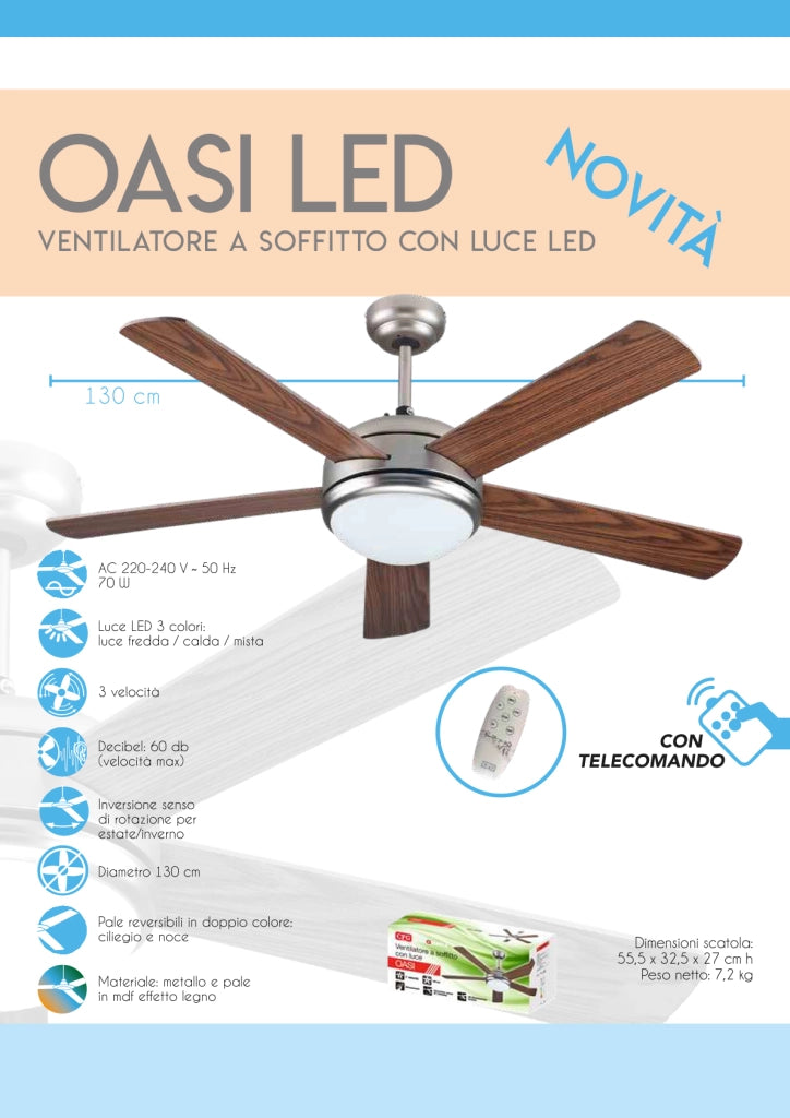 Ventilatore a soffitto con Telecomando illuminazione LED OASI CFG EV081