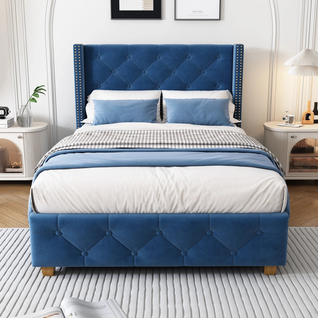 OKWISH Letto Bambino 90×200 cm, Letto Singolo con Testiera Imbottita, Borchie Decorative e Piedini in Legno, senza Materasso, Velluto, Blu