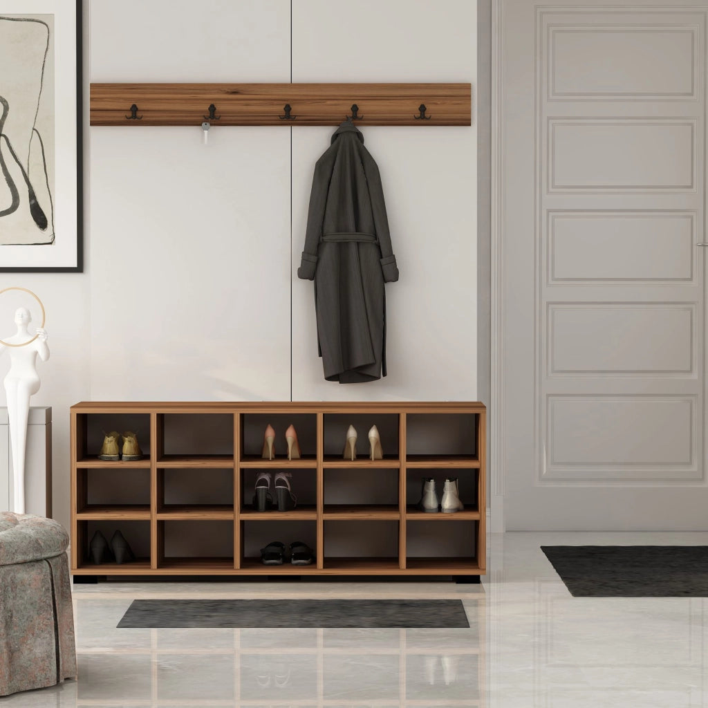 Scarpiera in legno "Talu" con appendiabiti - 120 x 30 x 52 cm - Marrone
