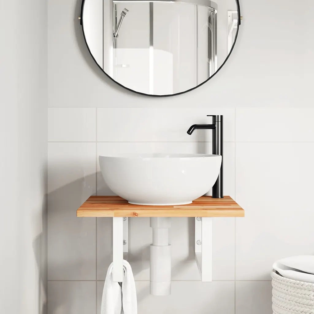 Ripiano a Parete per Lavabo in Acciaio e Massello di Acacia