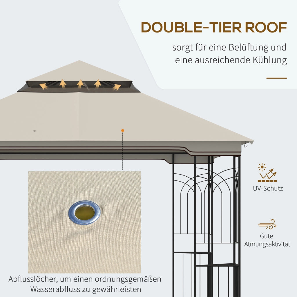 Gazebo da giardino con doppio tetto e 4 pareti laterali ¨C zephmum ¨C metallo e poliestere beige 299x299x274 cm