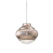 Bonnie Lampada a sospensione in vetro soffiato finitura Oro Rosa, design artigianale con lavorazione a rilievo rigadin e struttura in metallo grigio