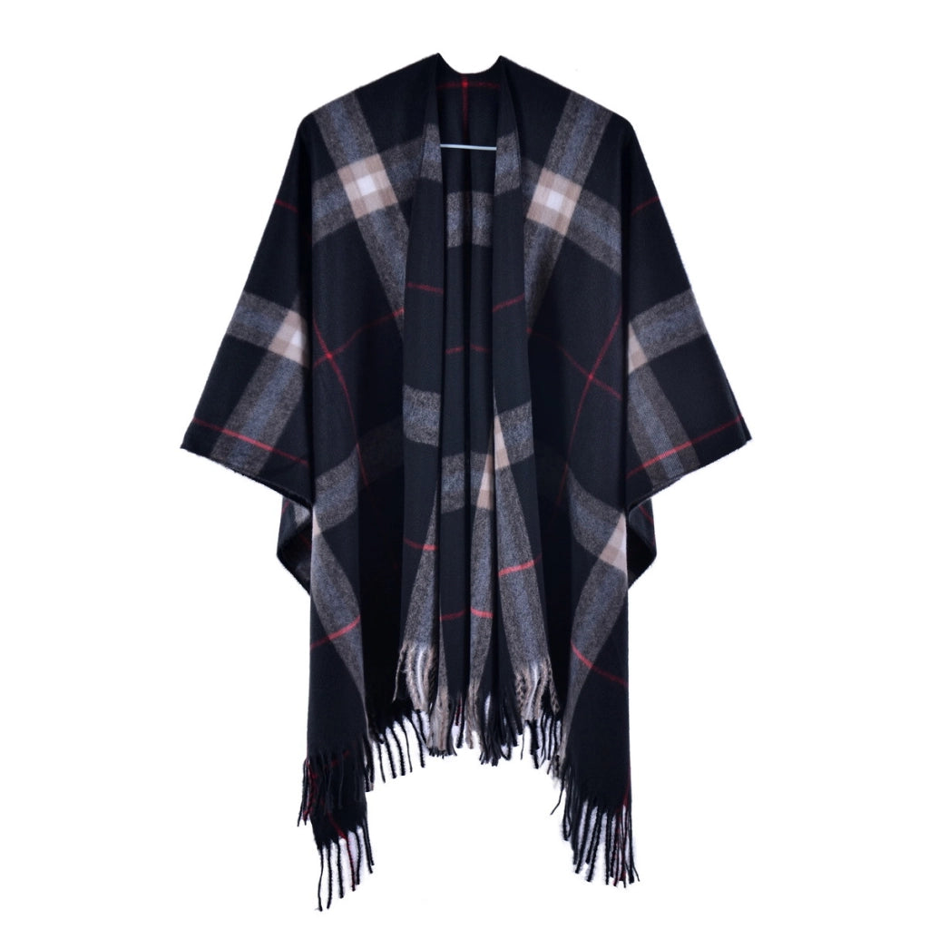 Sciarpa calda da donna con spacchi, nappe e mantello a quadri a righe