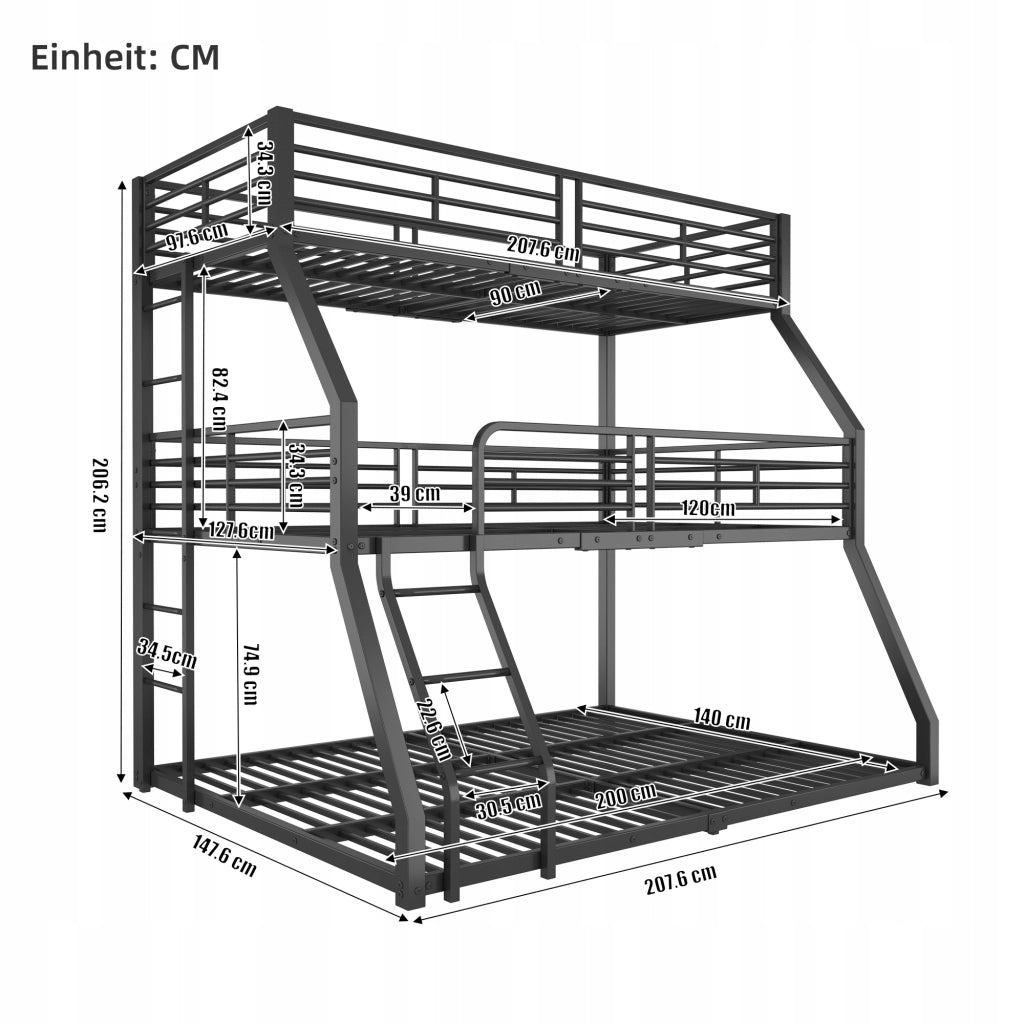 Letto a tre piani 90/140x200 - Xylo - Nero senza materasso