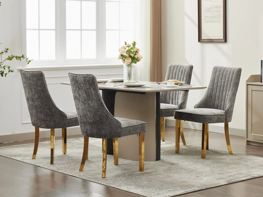 Sedia da pranzo set di 2 in chenille con schienale alto e gambe dorate grigio moderna per sala da pranzo