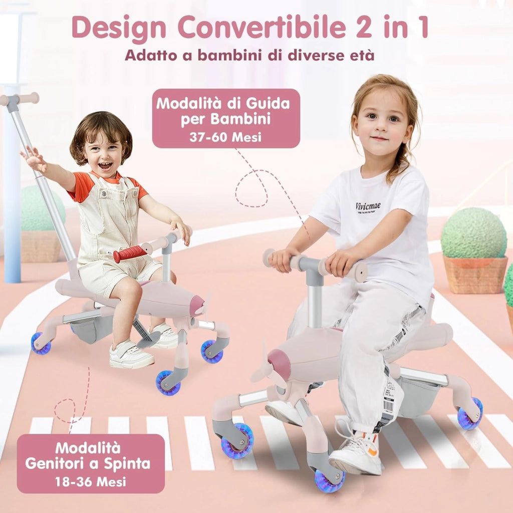 2 in 1 Auto a Spinta per Bambini, Giocattolo Scorrevole con Luci a LED Maniglia Rimovibile e Regolabile, Poggiapiedi Pieghevole e Cestino Portaoggetti, per Bambini 18-70 Mesi (Rosa)