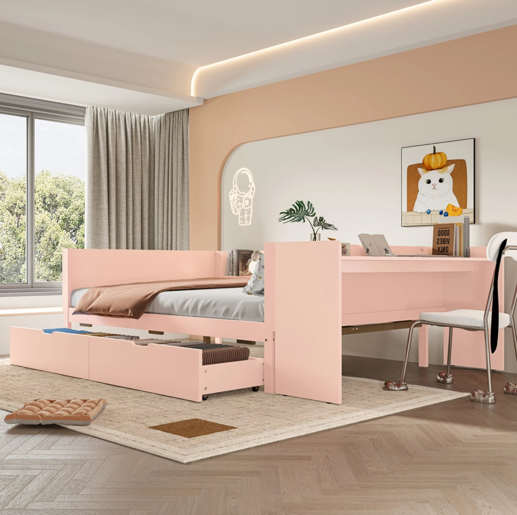 Letto matrimoniale 140x200 cm con scrivania, scaffali e 2 cassetti rosa