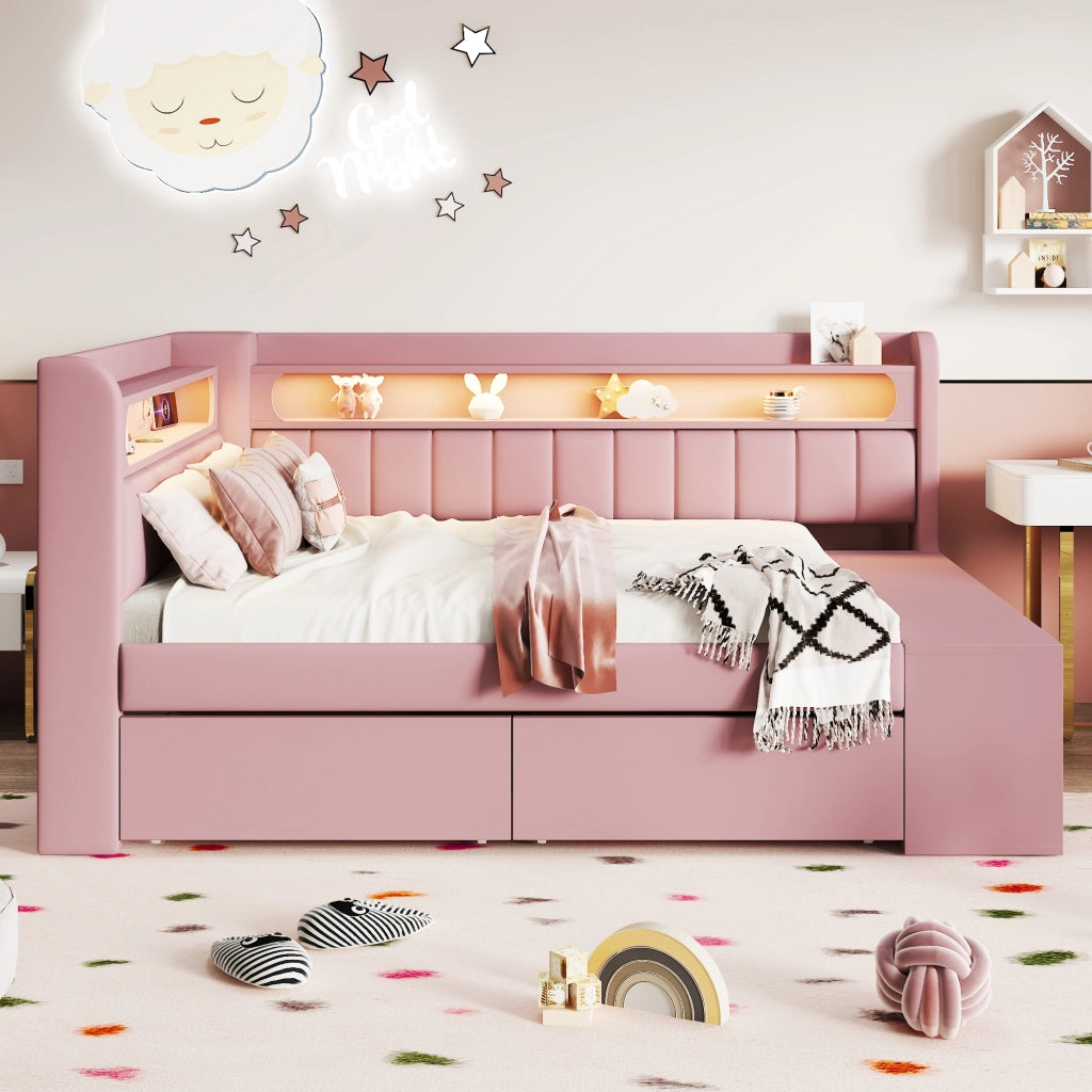 Divano Letto con LED, USB, Contenitore e Cassetti ¨C MINIMAL ¨C Rosa 90x200