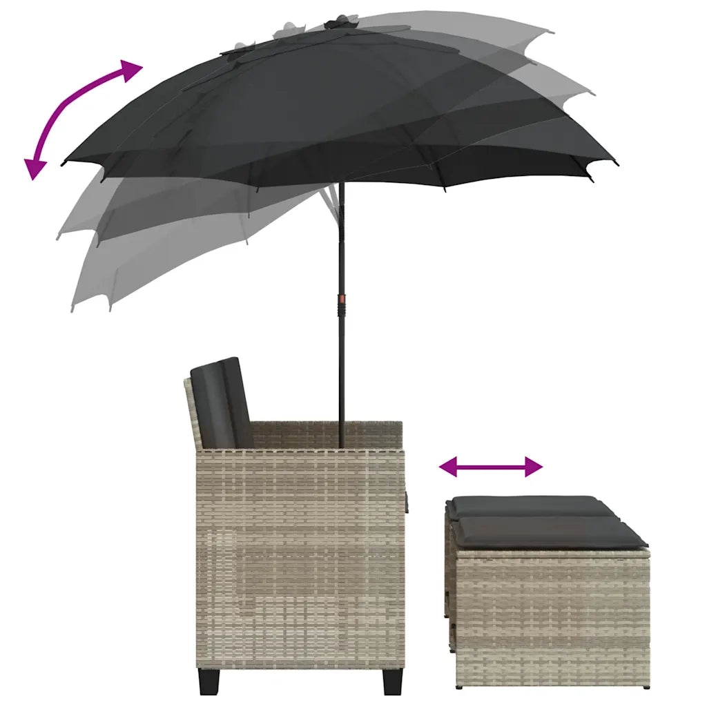 Divano 2 Posti-Sofa 2 Posti Ombrellone e Sgabelli Grigio Chiaro Polyrattan