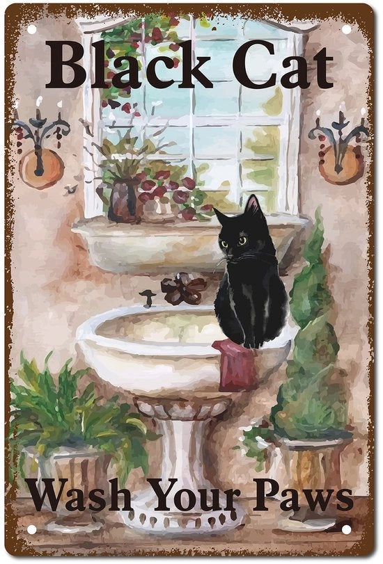 Cattiva gatta lava i tuoi piedi - Divertente regalo per amanti dei gatti - Poster d'arte retro - 30x20 cm - Tavolo in metallo vintage - Adatto per la casa