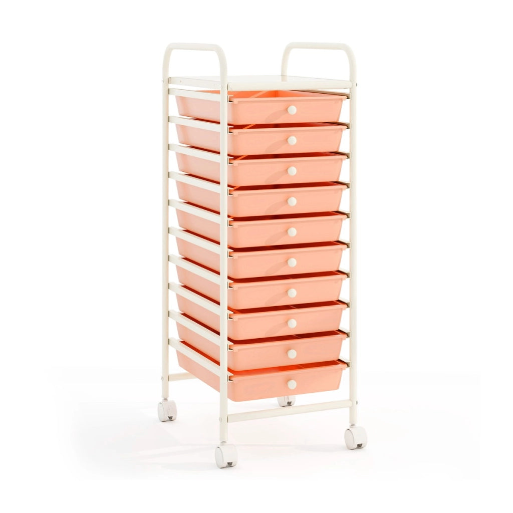 Carrello cassettiera multiuso con 10 cassetti da cucina, Contenitore con ruote a 10 ripiani per bagno Oro rosa