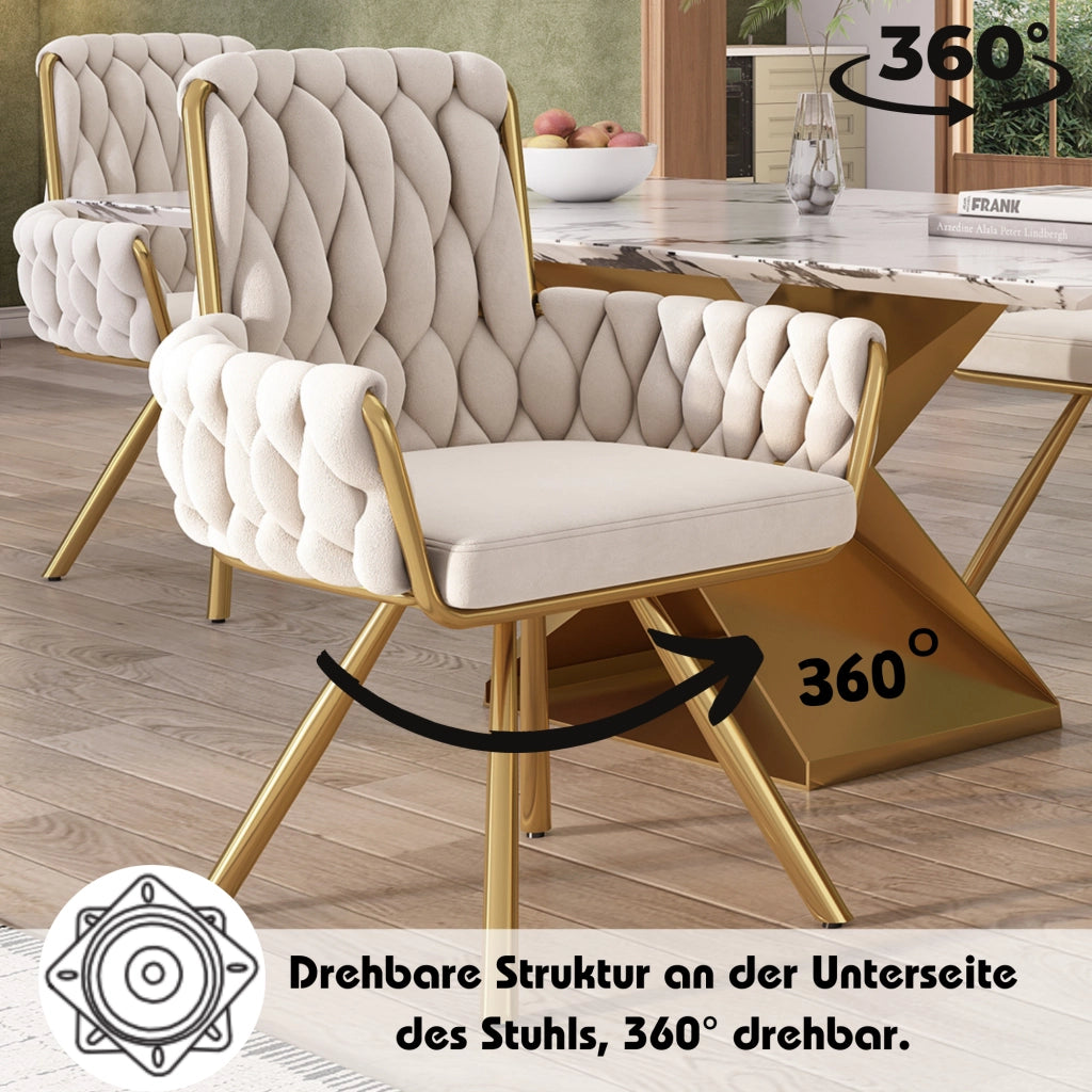 Sedia da pranzo girevole 360° in velluto con schienale alto e braccioli set da 2 struttura in acciaio beige