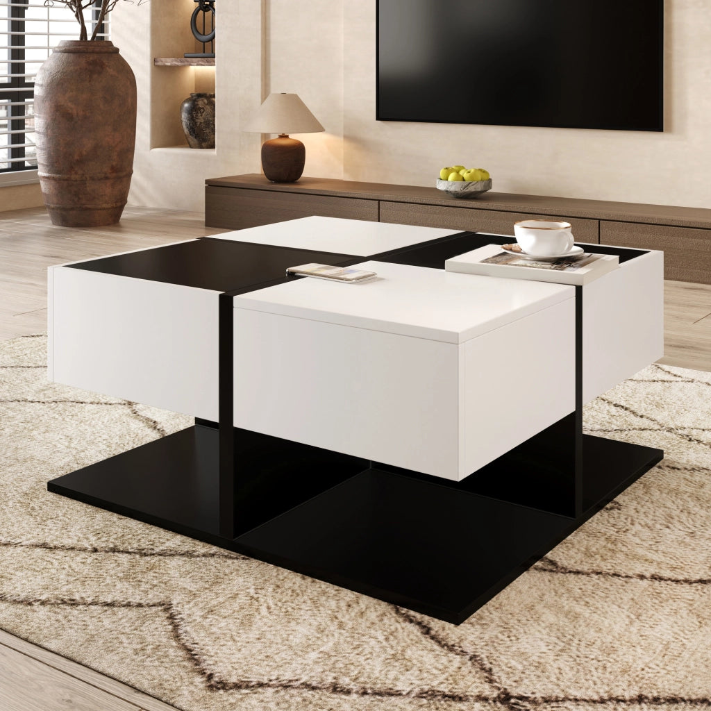 Tavolino da Salotto Quadrato Nero e Bianco con 2 Cassetti, 70 x 70 x 35,5 cm, in Truciolare, con Struttura Stabile e Guide Scorrevoli