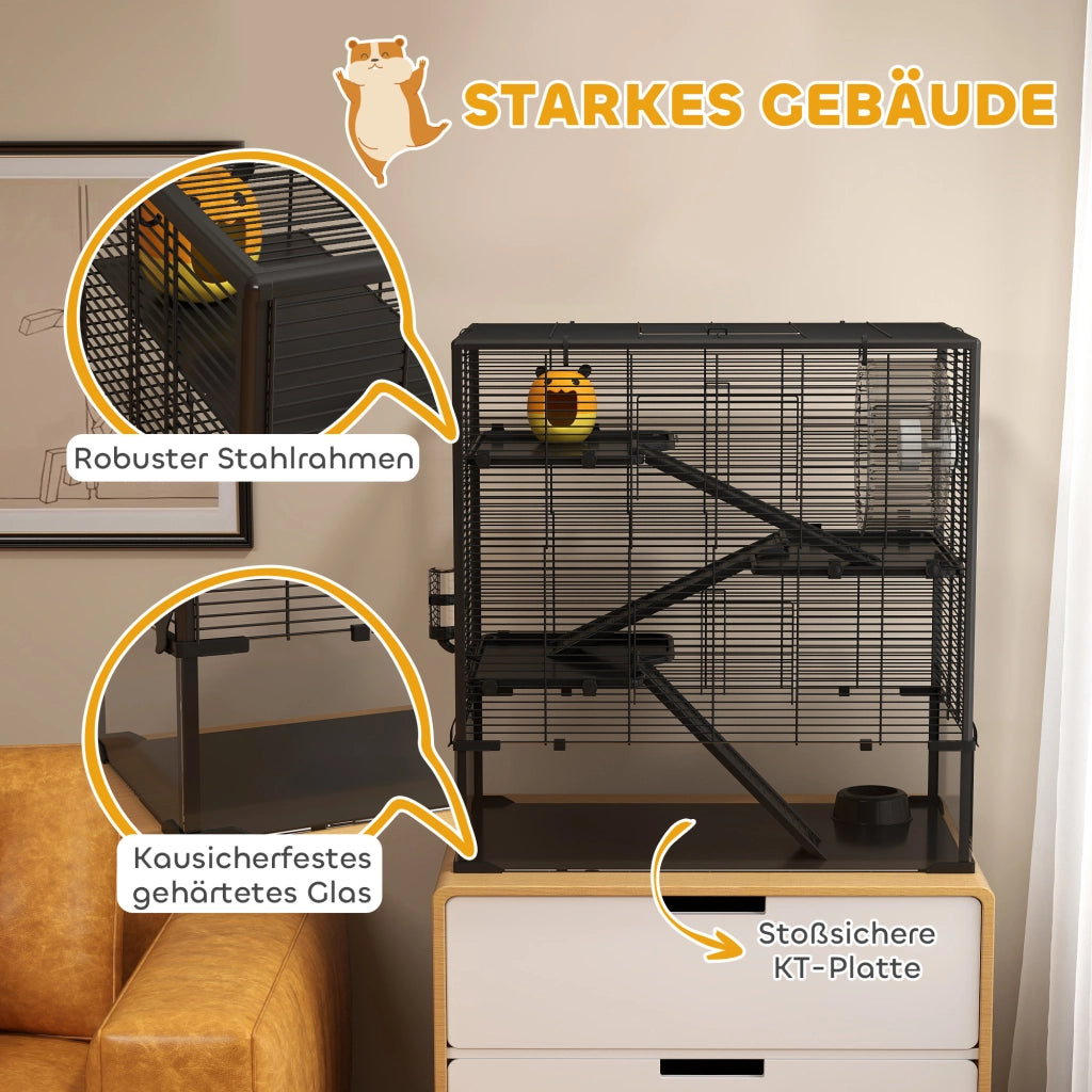 Gabbia per Criceti con Base in Vetro e Accessori ¨C Minimal ¨C 78.5x48.5x80 cm, Nero
