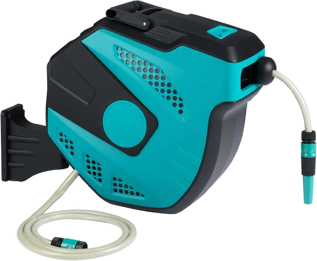Avvolgitubo da Giardino Automatico a Muro, Tubo in PVC 20 M con Tubo di Alimentazione 2 M, Supporto Girevole a 180°, Ritorno Lento, Avvolgitubo Acqua Retrattile con Ugello Spray (20 M)