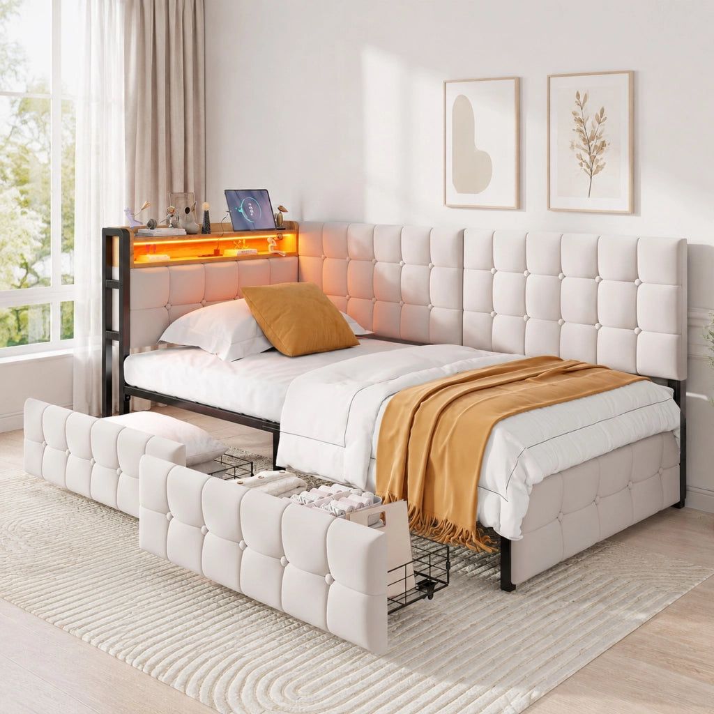 Divano letto imbottito 90x200 cm beige con 2 cassetti; LED; USB e porta Type-C
