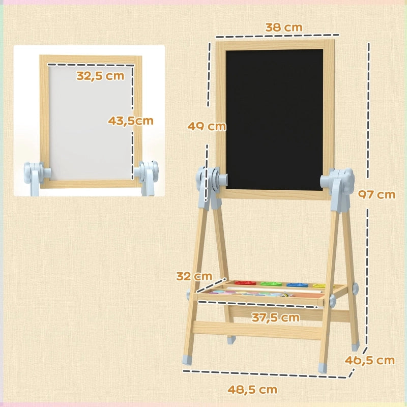 Cavalletto in legno per bambini, lavagna bianca e lavagna nera a doppia faccia, lavagna da terra regolabile in altezza con rotolo di carta, ripiano,