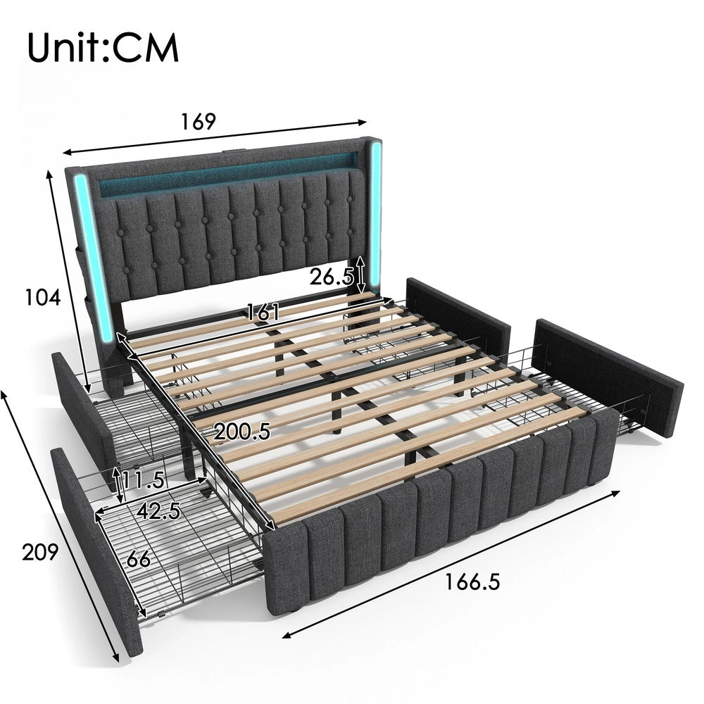 Letto Imbottito con LED, USB e 4 Cassetti ¨C MINIMAL ¨C Grigio 160x200 cm