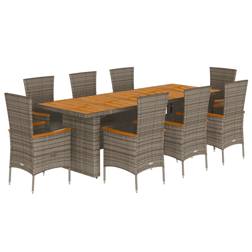 Set da Pranzo da Giardino 9 pz con Cuscini in Polyrattan Grigio