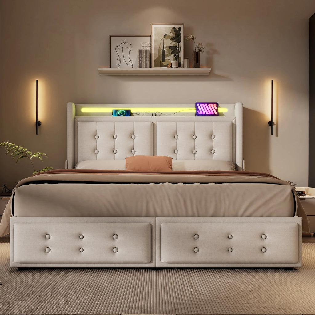 LETTO imbottito 180x200 cm in cotone-lino con LED, USB e 4 cassetti, Beige