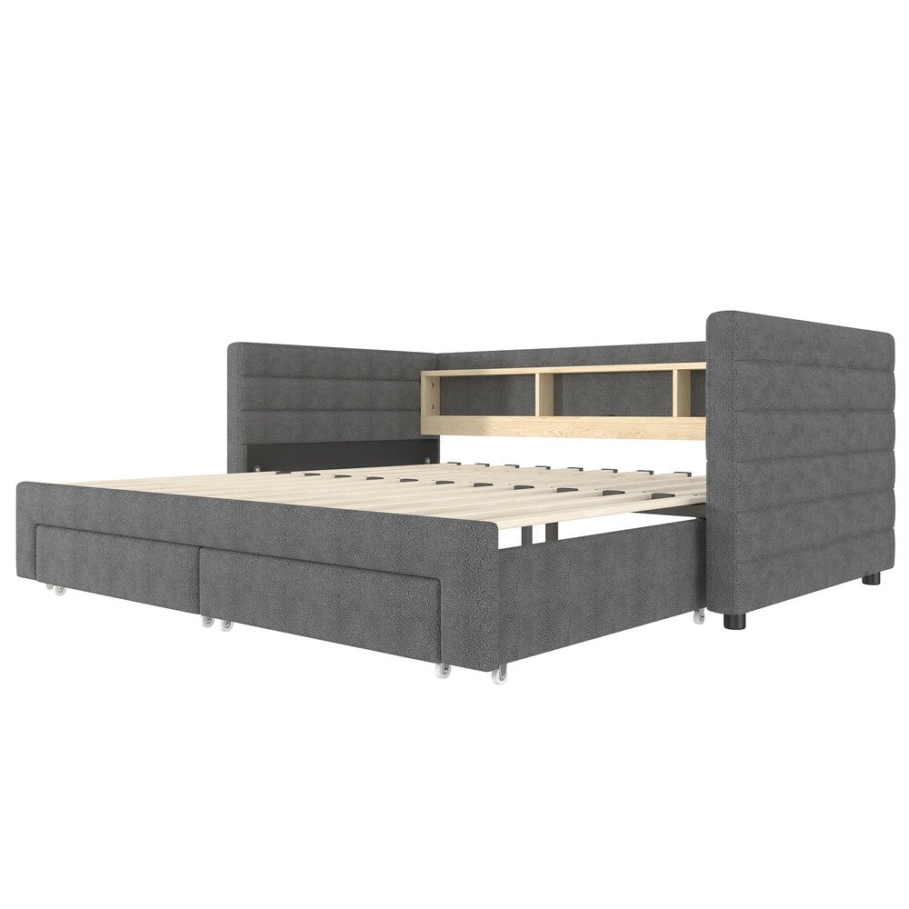 Letto Singolo Contenitore con LED ¨C MINIMAL ¨C Velluto Grigio, 90x190, USB, Cassetti